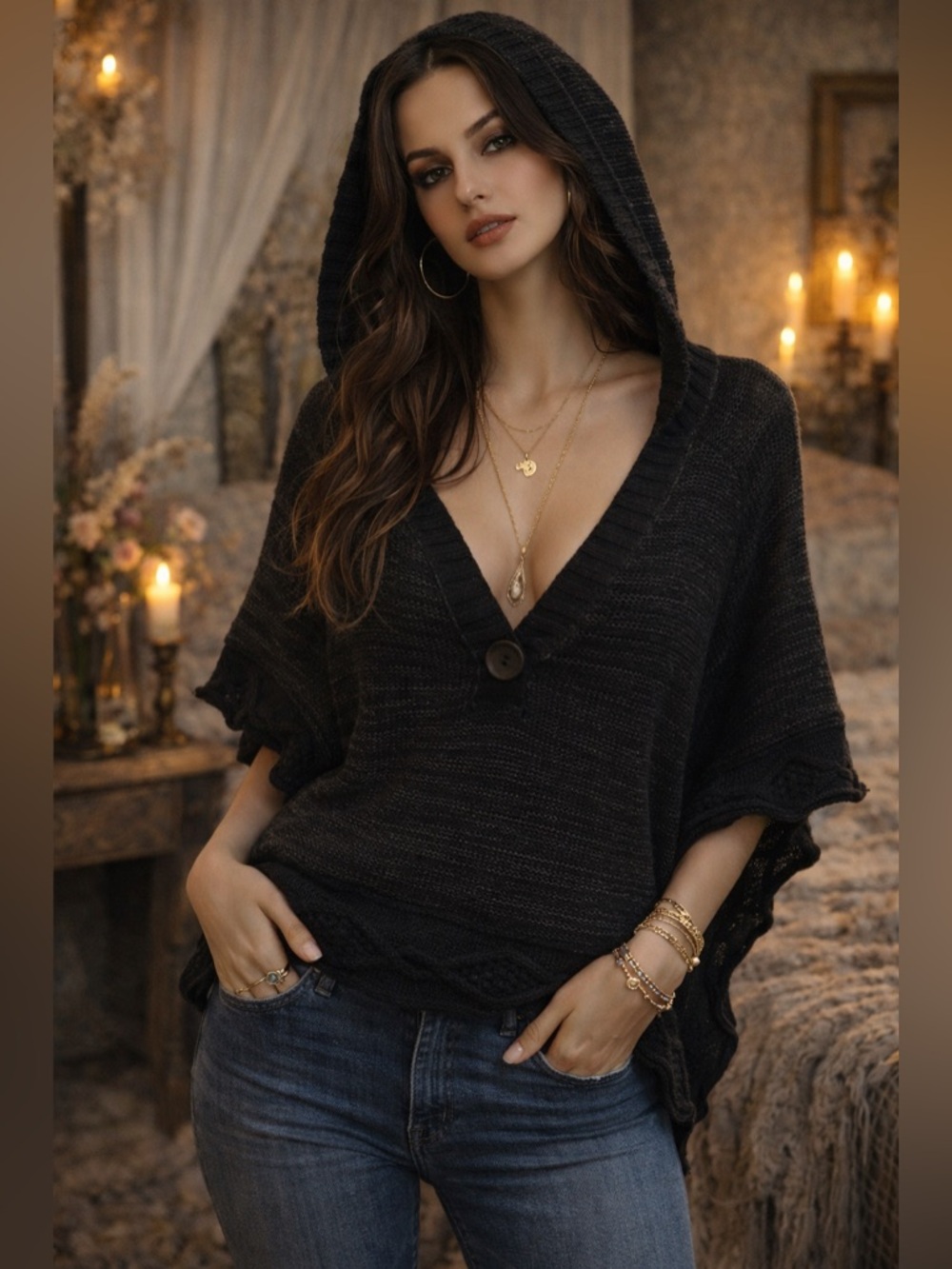 Free People Black Hooded Poncho Sweater Oversized Boho Knit M/L